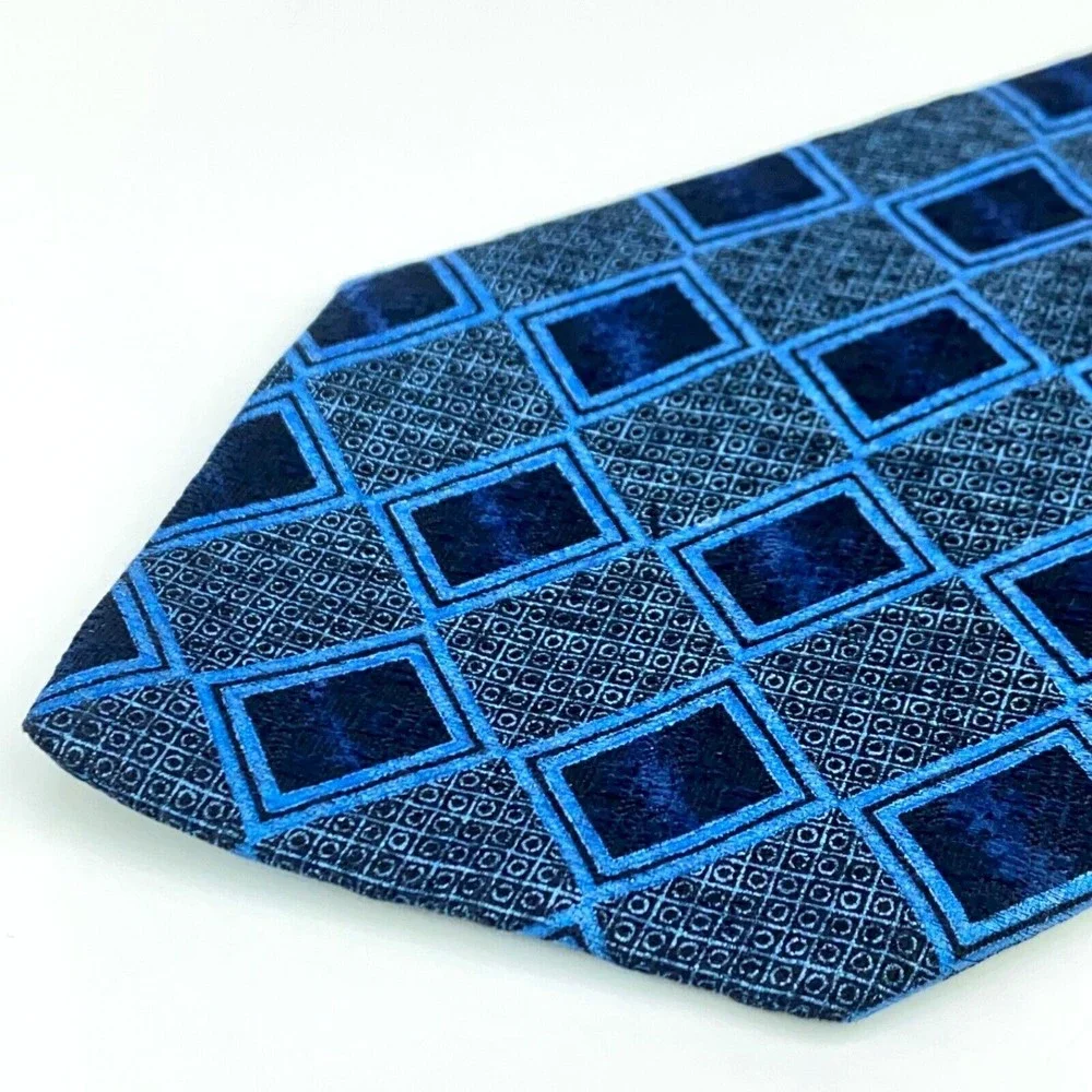 CHARLESTON Tie Rack Mens Blue Geometric 100% Silk Necktie Made in Italy